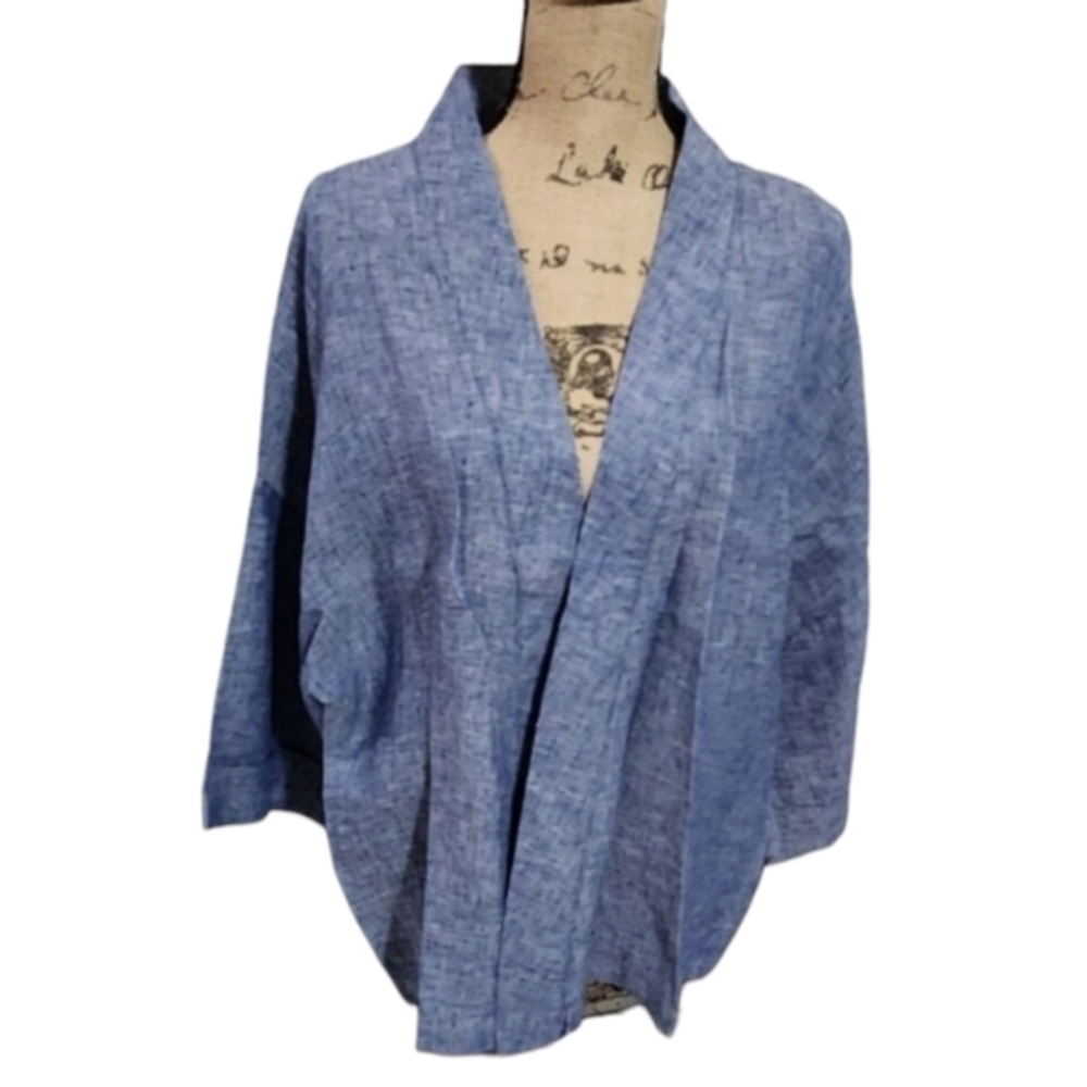 Andrea Jovine 100% linen Blue Boho Mandarin Kimono Minimalist Blazer size Medium